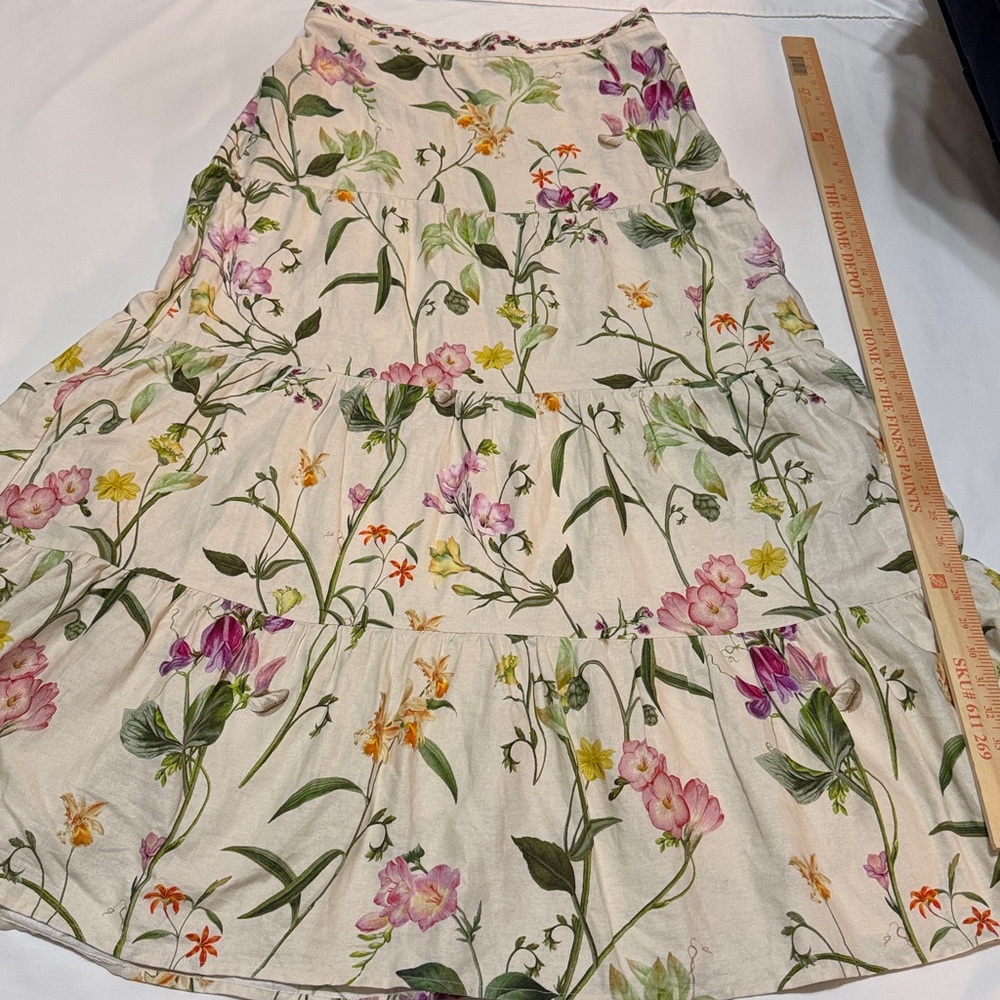 Camila Coelho Cream Tiered Maxi Skirt Linen Blend Floral Design M NWT